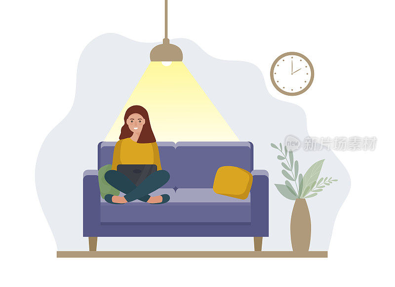 A woman with a laptop sits at home on the sofa. The light from the lamp. Work at home, online education. Student or freelancer